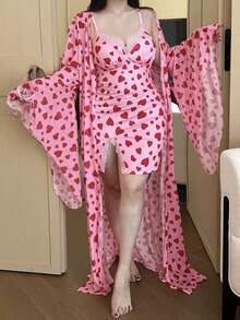 Flirla Bộ đồ 2 món tay loe họa tiết trái tim + lưới phối ren cỡ lớn thời trang thu đông màu hồng thanh lịch cổ điển dễ thương gợi cảm dành cho nữ - Hồng - Xem 1