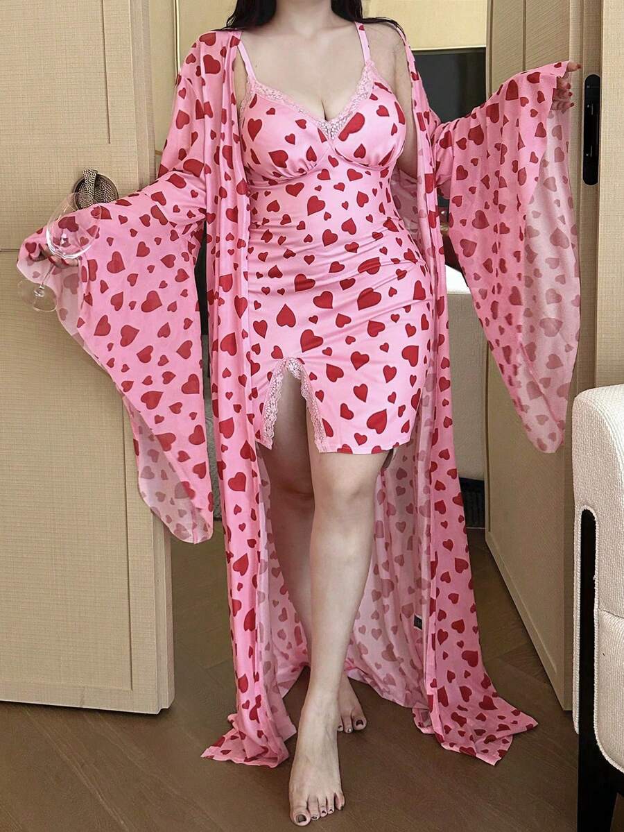 Flirla Bộ đồ 2 món tay loe họa tiết trái tim + lưới phối ren cỡ lớn thời trang thu đông màu hồng thanh lịch cổ điển dễ thương gợi cảm dành cho nữ - Hồng - Xem 1