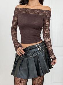 Coolane Women's Lace Off Shoulder Long Sleeve Cropped Fitted Fashion T-Shirt - Coffee Brown - View 6