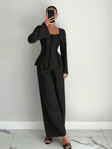 Siren Gaze Women's Solid Color Square Neck Flare Sleeve Top And Pants Suit, New Autumn Set - Black - View 4