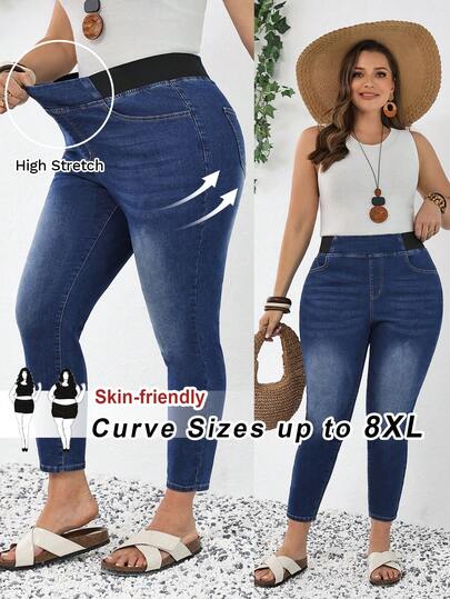 SHEIN CURVE+ Plus Size Women Elastic Waist Pocket Skinny Casual Versatile Jeans Spring To Summer Valentine's Day Carnival Costume Commuting Vacation Graduation Chic Y2k Cute Streetwear Party Wedding Elegant Business Casual Woman Stylish Blue Denim Jeggings For Women Curve Sizes Stretchy And Soft Everyday Wear Jeans