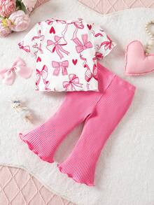 SHEIN Babygirl Cute Pink Bow Knit Top & Elastic Waist Pants Set, Summer - Pink - View 2