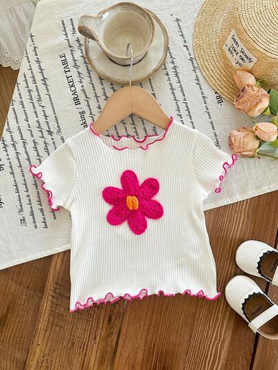 SHEIN 女婴花卉图案荷叶边下摆短袖罗纹T恤，夏季