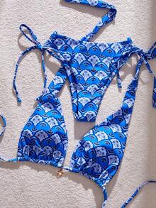 Swim Mod 2026 Spring/Summer Fashionable Printed Halter Backless Sexy Bikini 2 Pieces Swimwear Set For Women - Blue - View 6
