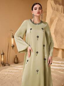 SHEIN Najma 奢华水钻装饰宽松圆领优雅奢华女式连衣裙 - 芥末黃 - 查看 5