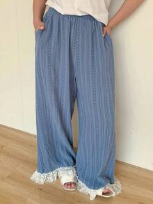 Dazy Plus Quần pajama ống dài suông rộng rãi, cạp chun, phối ren hoa, dễ thương. - Màu xanh lam - Xem 6