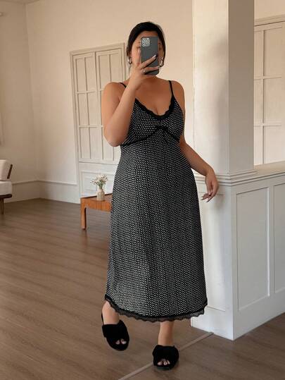 SHEIN Napfluff CURVE 加大码吊带蕾丝边波点印花长款睡裙