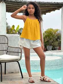 SHEIN Camiseta de tirantes de unicolor informal para niñas preadolescentes - Amarillo - Ver 5