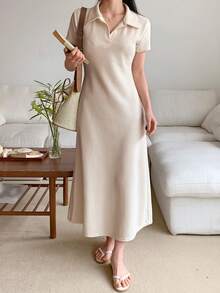DAZY Đầm maxi nữ cổ bẻ, khóa kéo nửa thân, dáng chữ A, dài đến đầu gối. - Xám - Xem 1