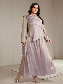 Veilorie Plus Size Women Solid Color Long Sleeve Asymmetric Hem Shirt And Midi Skirt Conservative Arabic Set - Light Grey - View 6