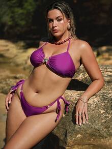 SHEIN BAE Plus Size Solid Color Swimwear Set Beach Outfits For Women - Purple - View 8