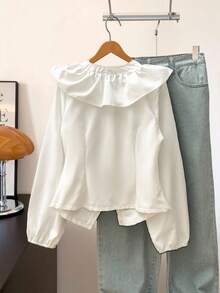 Elegant & Cute Waist Cinched Ruffle Hem Long Sleeve Blouse For Teenage Girls - White - View 2