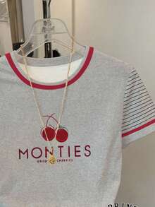 Resyla 女士撞色条纹字母印花休闲短袖T恤 - 灰色 - 查看 3