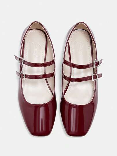 CUCCOO CURVES Damskor med bred passform, moderiktiga vinröda Mary Jane-skor med fyrkantig tå, bekväma platta skor, plusstorlekar, semesterskor, sommar, halloween