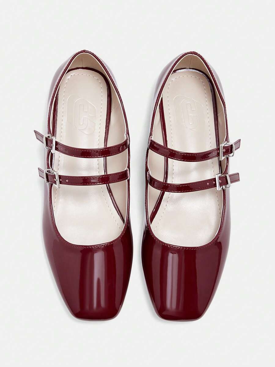 CUCCOO CURVES Women's Wide Fit Fashionable Burgundy Mary Jane Square Toe Comfortable Flat Shoes, Plus Size Vacation Shoes Summer Halloween Valentine's Day - Burgundy 1 - View 1