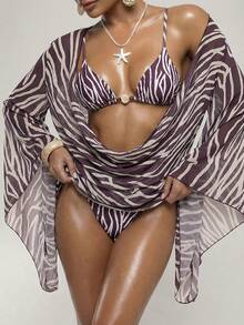 SHEIN BAE Women's Vacation Zebra Print Draped Neck Flare Sleeve Kaftan Dress,Summer,Spring Break Outfits ,Valentine's Day,Beach ,Beach Outfits For Women ,Beach Outfit ,Birthday,Going Out,Zebra Print Cover-Up,Leopard,Vacation Outfits Women ,Summer Holiday Outfits,Spring Break Outfits ,(The Bikini Set Is Not Included.2026 Summer New Beachwear, Beach Party - Multicolor - View 8