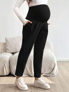 SHEIN Maternity Casual Solid Color Adjustable Waist Pants - Black - View 3