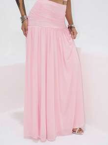 Rayane Ketlyn 2pcs/Set Women Summer Holiday Romantic Pink Mesh Bandeau Top And High Waist Pleated Mesh Maxi Skirt - Pink - View 6