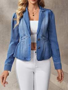 EMERY ROSE Chaqueta y abrigo de mezclilla de manga larga con botones delanteros y efecto degradado para mujer - Azul - Ver 5