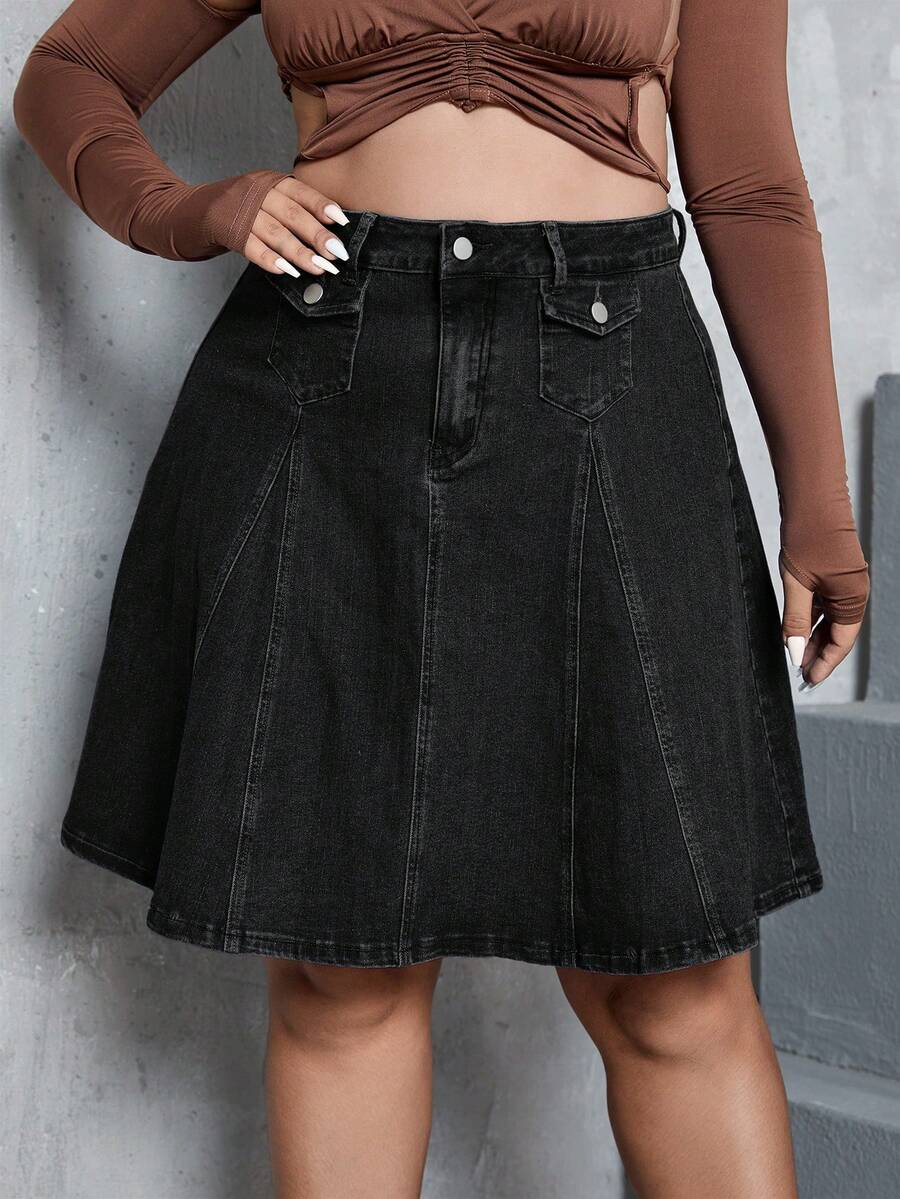 SHEIN ICON Chân váy denim ngắn đơn giản, cỡ lớn, thích hợp mặc hàng ngày. - màu đen - Xem 1