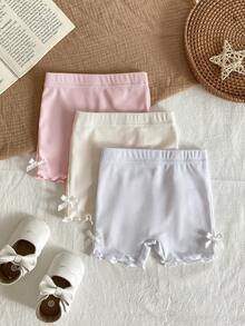 SHEIN Vintaside Kids 3pcs Baby Girl Infant Toddler 0-3Y Spring/Summer New Arrivals Casual Sports Elastic Ribbed Knit Soft Muted Tones Pink Beige Gray 3-Piece Set Fitted Shorts Outfit, Suitable For Both Home And Outdoor Wear - Multicolor - View 2