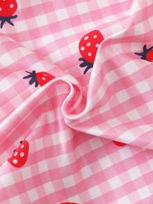 SHEIN Newborn Baby Plaid & Strawberry Print Romper With Bow Headband Set - Baby Pink - View 4