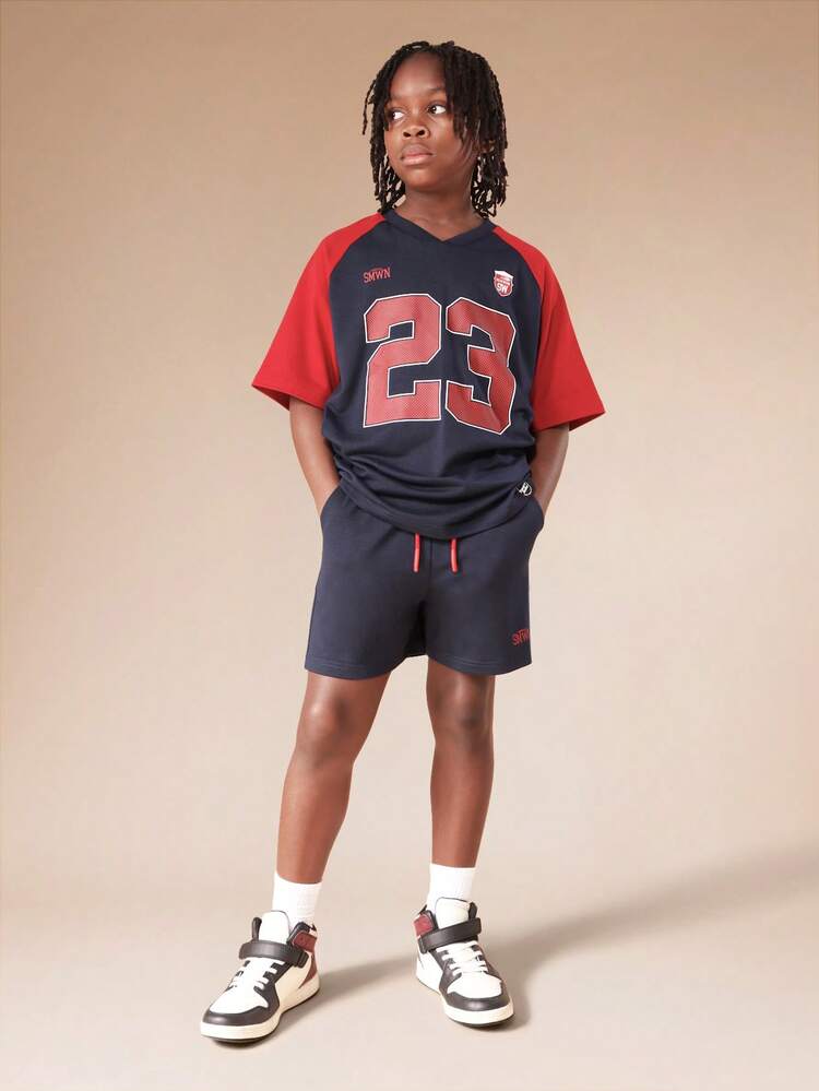 Navy Red Raglan T-Shirt With Shorts Set