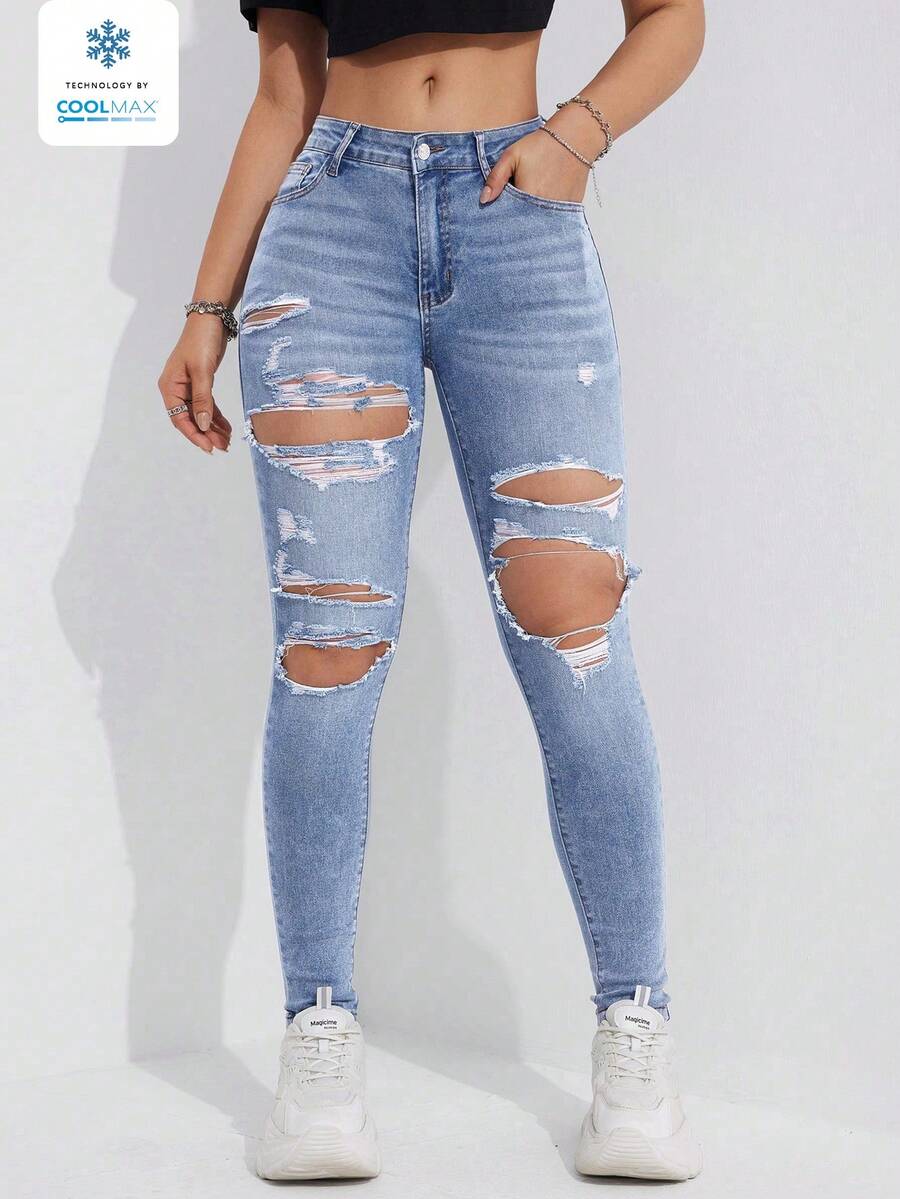 Flexra Women's Solid Color Slant Pocket Distressed Skinny Fashion Jeans - Blue - View 1
