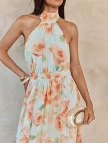 Enchnt Đầm nữ thanh lịch cổ yếm, vạt bèo nhún, dáng bất đối xứng, thích hợp cho mùa hè. - trái cam - Xem 2