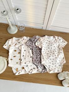SHEIN Bộ 4 món áo liền quần dệt kim họa tiết hoa nhí dễ thương cho bé gái sơ sinh, thích hợp mặc mùa hè. - Màu be - Xem 11