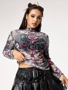 ROMWE Avant Plus Size Vintage Heart Rose Skull Flame Floral Mesh Allover Print Top - Purple - View 5