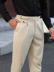 Manfinity Mode Men's Solid Color Pocket Straight Leg Casual Suit Pants - Beige - View 4