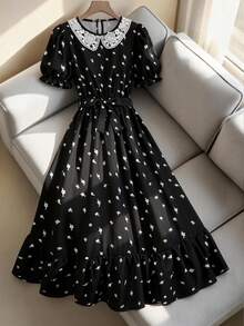 SHEIN Đầm ren cổ rỗng in họa tiết hoa kỹ thuật số tối giản thanh lịch, phù hợp cho đi chơi và đi làm hàng ngày, dành cho phụ nữ trẻ. - màu đen - Xem 3