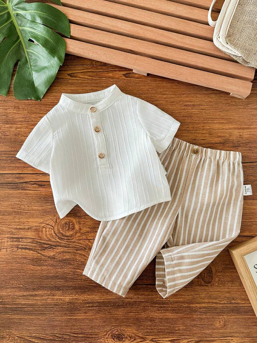 Newborn Baby Boy Casual Striped Pants And White Shirt Set - Beige - View 1