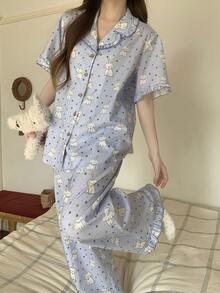 DAZY 可爱快乐小狗印花荷叶边女士睡衣套装 - 藍色 - 查看 3