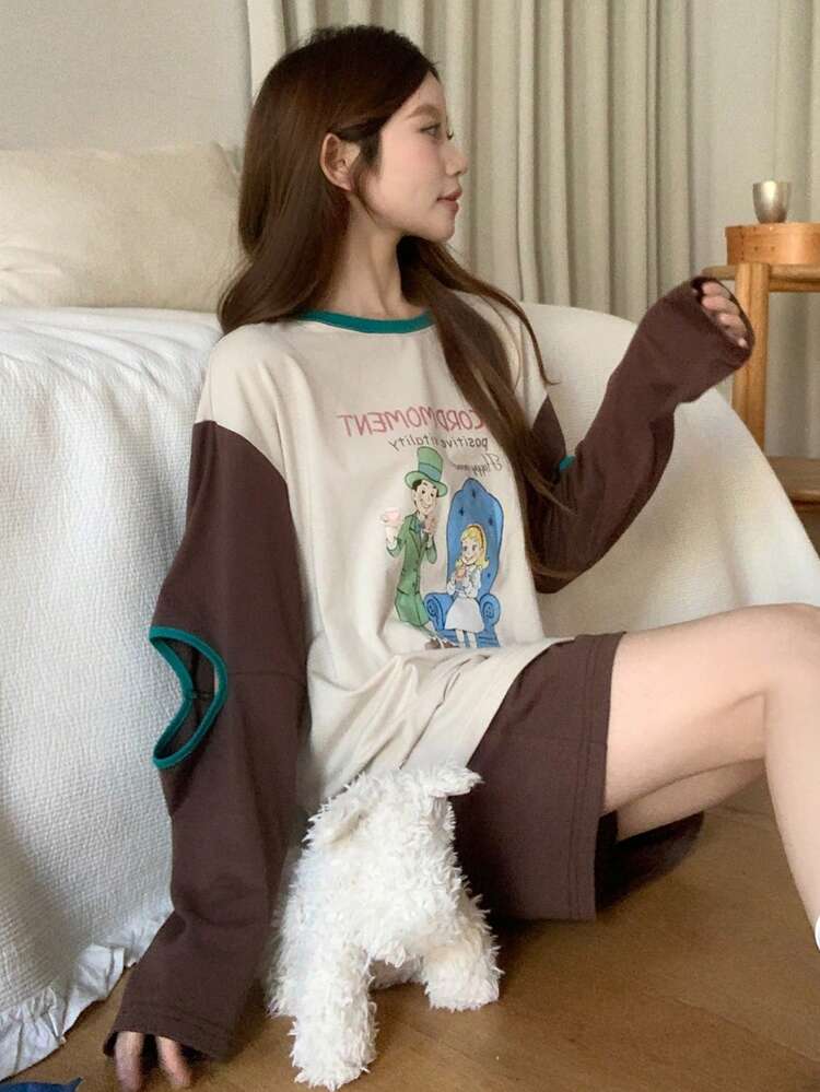 Cartoon Print Contrast Color Patchwork Hollow Design Women Pajama Set