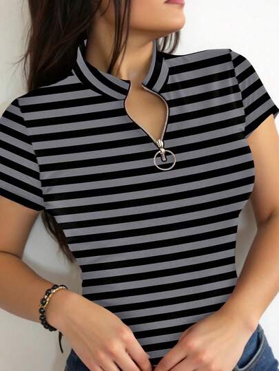 INAWLY Solva Camiseta de mujer casual con media cartera con cremallera y estampado de rayas