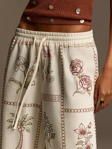 Athîral Women's Casual Vacation Embroidered Floral Trim Elastic Waist Pants, Spring/Summer - Apricot - View 5