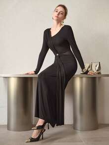 MOTF PREMIUM WOMEN'S MESH PATCHWORK DRESS WITH FLOWY RIBBONS - Black - View 6