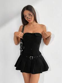 SHEIN EZwear 女士黑色无肩带极简连衣裙，适合夏季穿着，女士夏季连衣裙 - 黑色 - 查看 4