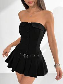 SHEIN EZwear 女士黑色无肩带极简连衣裙，适合夏季穿着，女士夏季连衣裙 - 黑色 - 查看 7