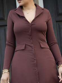 Melissa Matos Women's Standard Size Solid Color Ribbed Fitted Elegant Knit Dress, Autumn/Winter - Coffee - View 4
