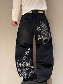 STEELVANCE 铆钉装饰做旧牛仔裤，刺绣点缀，宽松阔腿裤 - 黑色 - 查看 2