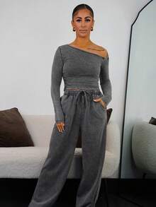 SAYEHFBABY Women's Daily Wear Essentials Knit Stretchy Comfy Asymmetrical Neck Long Sleeve Tops And Wide Leg Sweatpants Tracksuit,2pcs,French Grey - Grey - View 1
