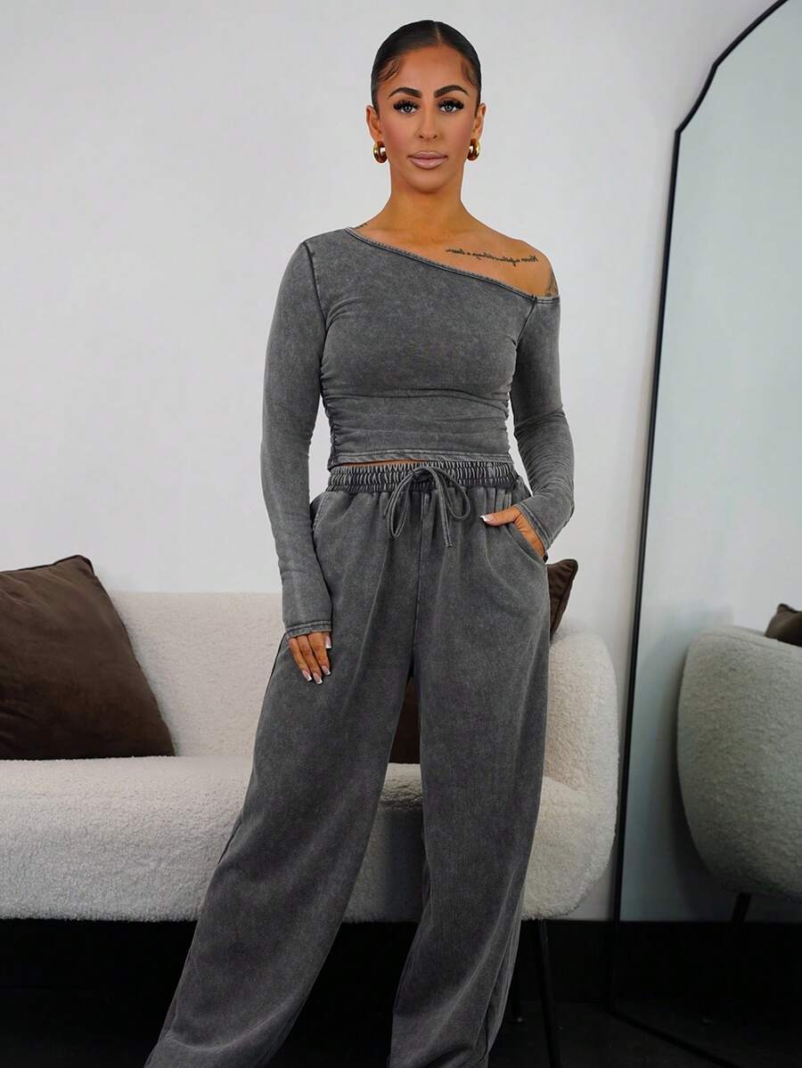 SAYEHFBABY Women's Daily Wear Essentials Knit Stretchy Comfy Asymmetrical Neck Long Sleeve Tops And Wide Leg Sweatpants Tracksuit,2pcs,French Grey - Grey - View 1