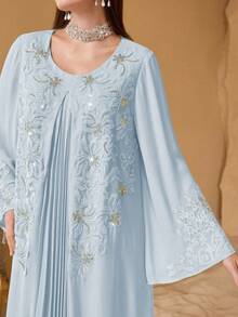 SHEIN Najma Vestido de manga larga con pliegues en el frente, bordado de perlas y parches elegante para mujeres - Celeste - Ver 7
