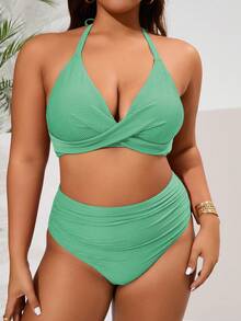 Swim Basics Plus Size Women 2pcs Solid Color Halter Split Swimwear Set, Fashionable Casual Beach Holiday - Mint Green - View 4