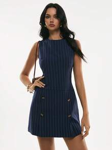 Poéselle 女士休闲通勤条纹无袖迷你连衣裙，夏季 - 藏蓝色 - 查看 5