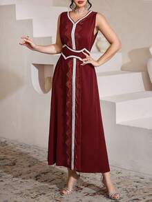 Al Najma Set de 2 piezas de cárdigan con cintura ajustada, decoración de encaje y ribete de contraste para mujer, moda, primavera/otoño - Burdeos - Ver 9