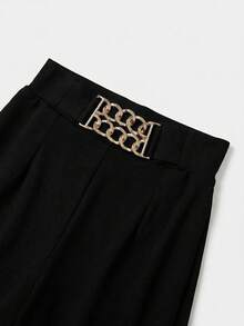 Franclia 高腰装饰纽扣松紧腰阔腿裤，女士休闲裤 - 黑色 - 查看 4